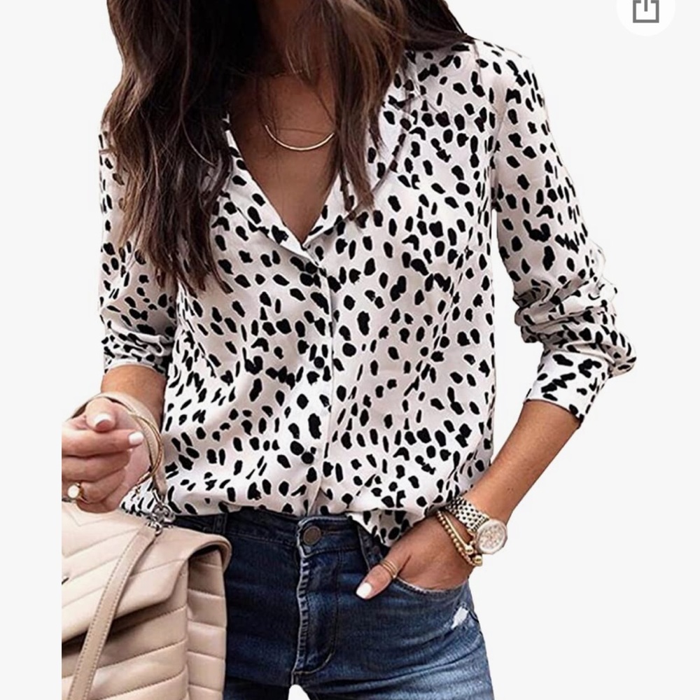 ECOWISH Womens Casual Tops V Neck Leopard Tunic Long Sleeve Button Down